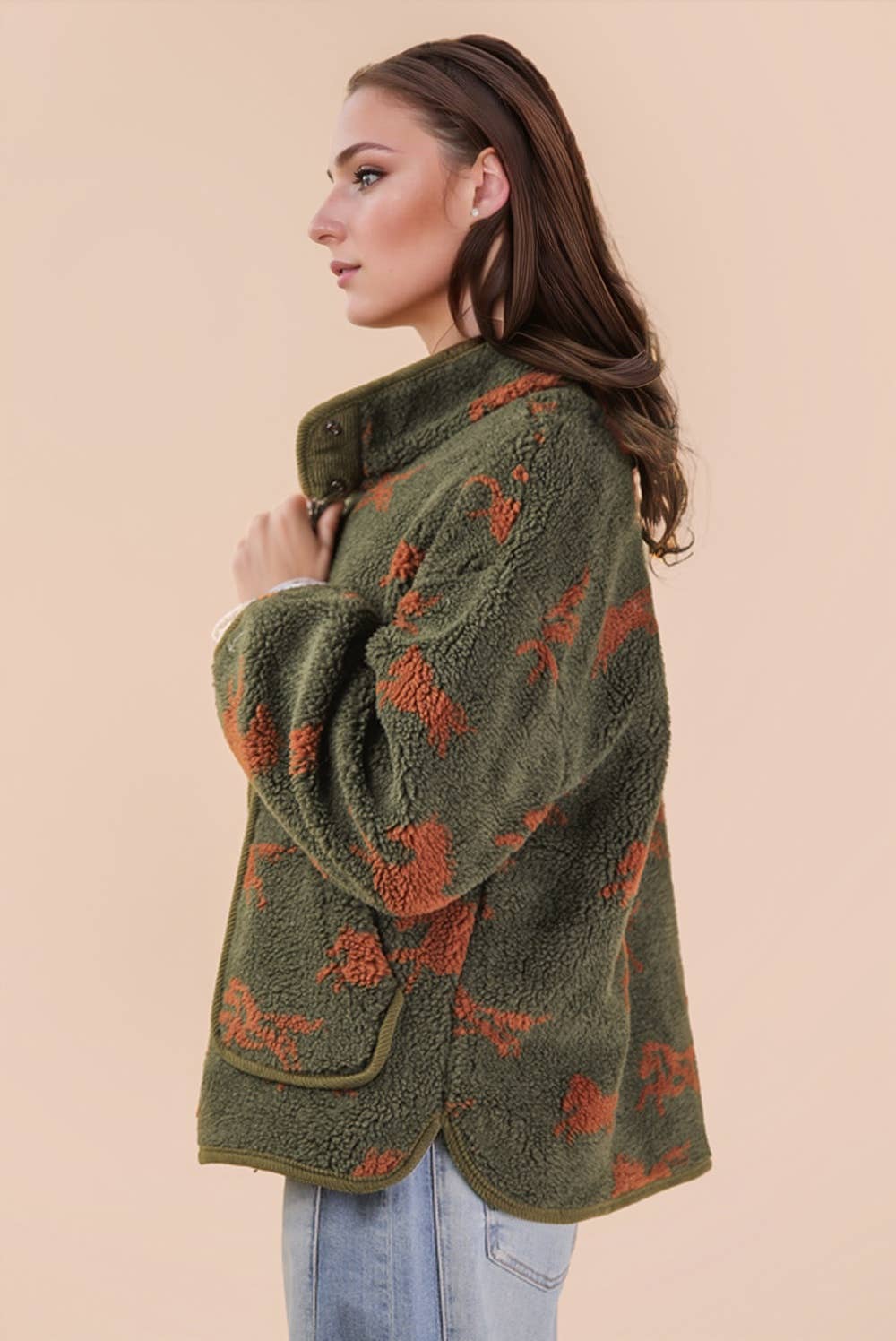 PRE-ORDER: Oversized Horse Printed Casual Fleece Jacket