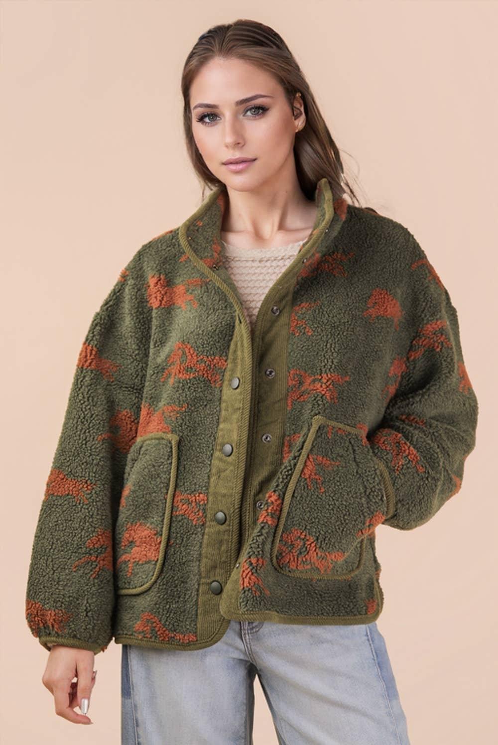 PRE-ORDER: Oversized Horse Printed Casual Fleece Jacket