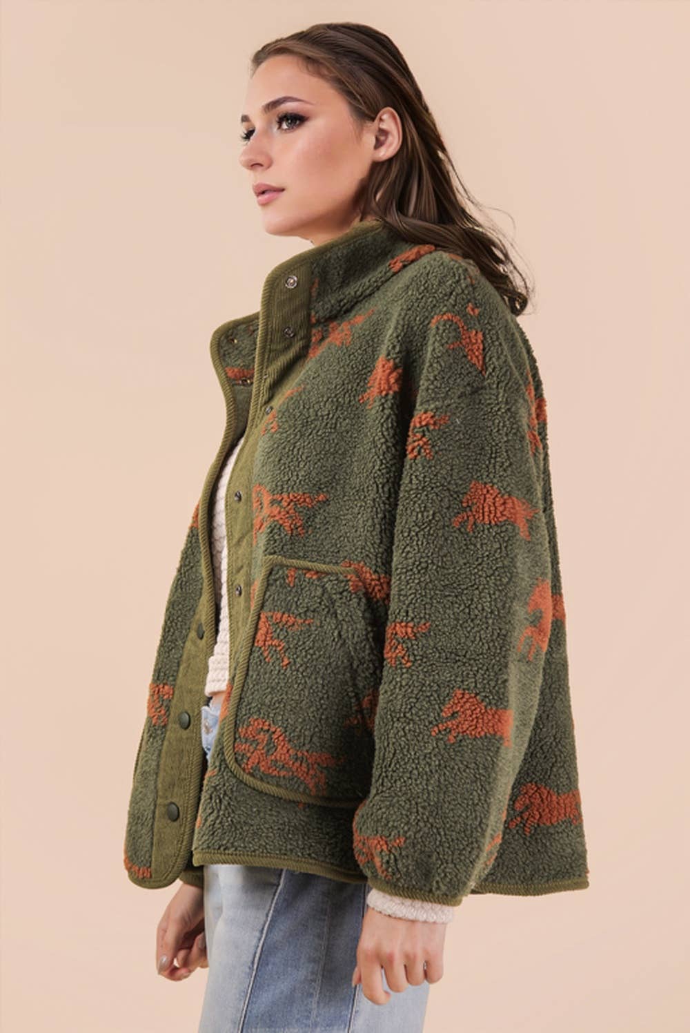 PRE-ORDER: Oversized Horse Printed Casual Fleece Jacket