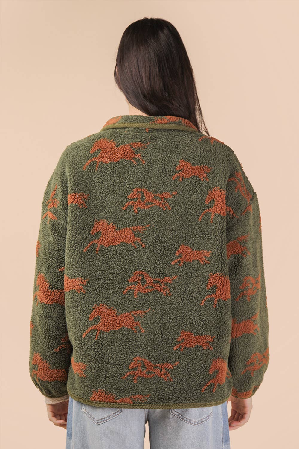 PRE-ORDER: Oversized Horse Printed Casual Fleece Jacket