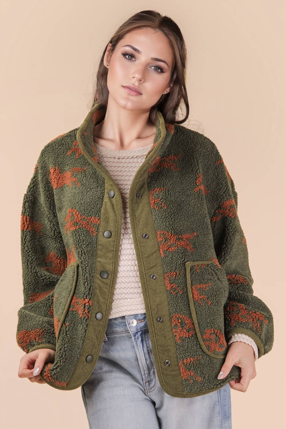 PRE-ORDER: Oversized Horse Printed Casual Fleece Jacket