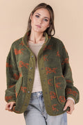 Oversized Horse Printed Casual Fleece Jacket