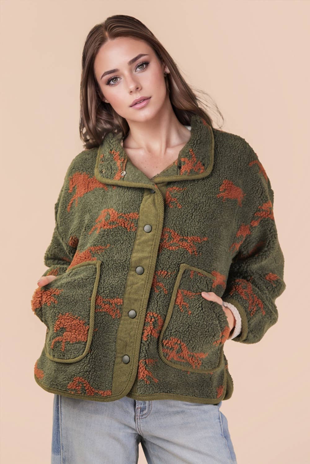 PRE-ORDER: Oversized Horse Printed Casual Fleece Jacket