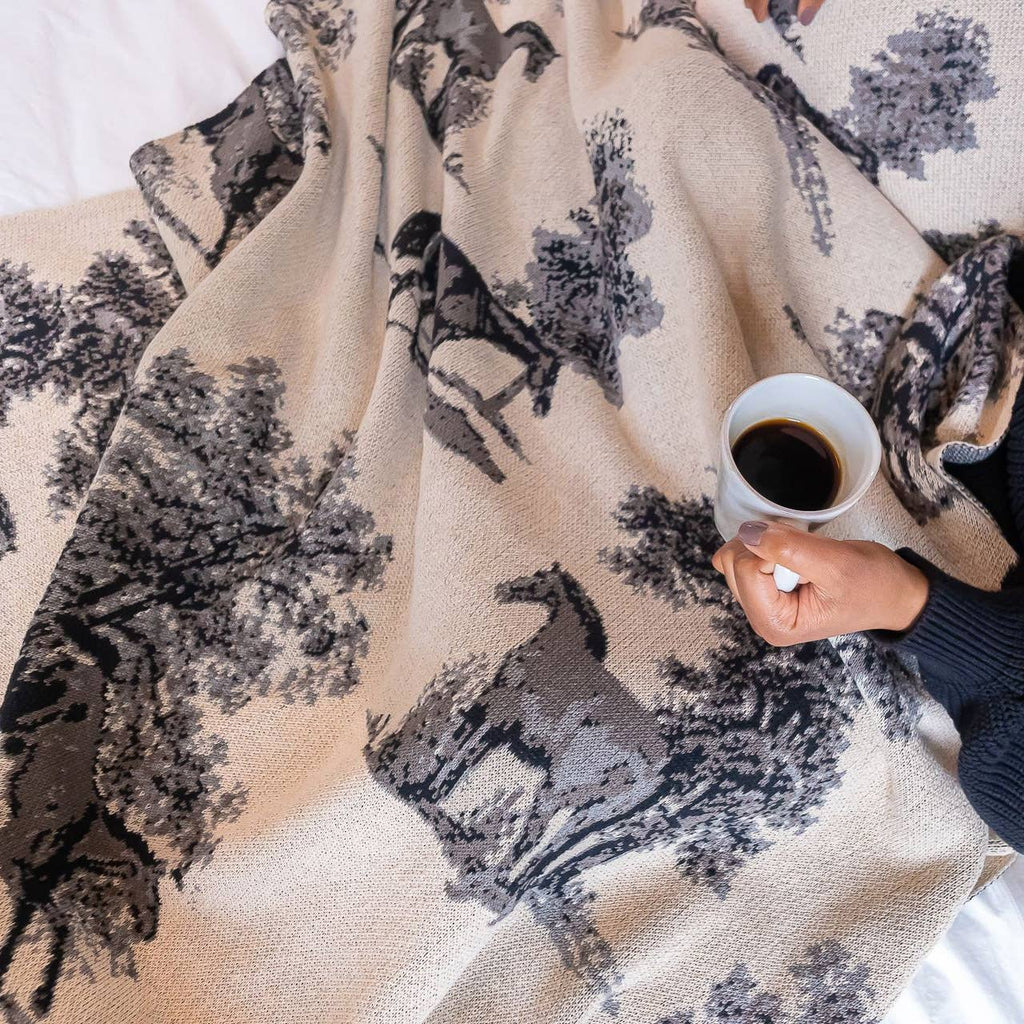 PRE-ORDER: Knit Throw Blanket - Equestrian Toile